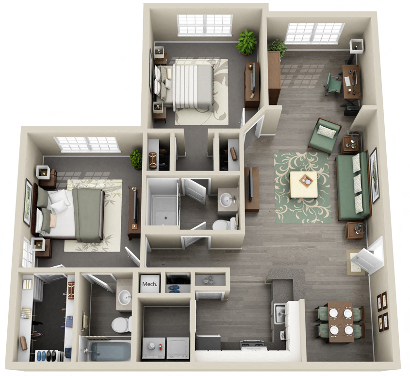 Floor plan for 2 beds, 2 baths, 1130 sqft